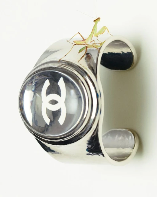 Silver-toned bracelet featuring the Chanel logo, juxtaposed with a praying mantis resting on top. The bracelet is on a white background.
