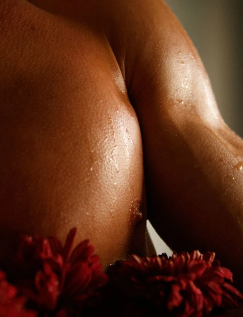 Close-up of a tanned, sweaty male torso and arm with vibrant red chrysanthemum flowers in the foreground creating a sensual composition.