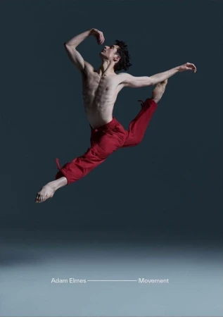 A male ballet dancer in mid-air leap, captured in a dynamic full shot against a blue background in a photo studio setting.
