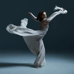 Dancer in a flowing white dress mid-leap against a dark studio background