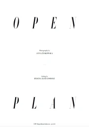 Minimalist editorial magazine page featuring large serif typography spelling Open Plan on a solid white background