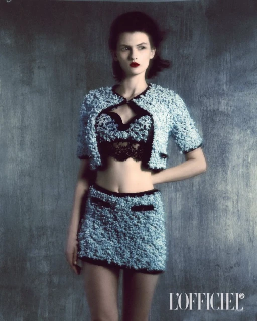 A woman poses in a light blue knit skirt and cropped jacket with black trim, against a textured grey backdrop in a fashion editorial.