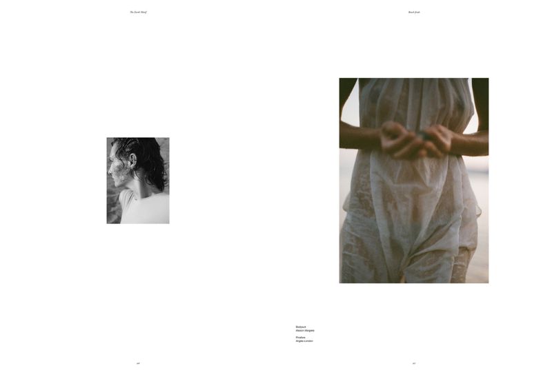 Two black and white images on a white page showcase a woman's face in profile and her hands holding a small object by the ocean.