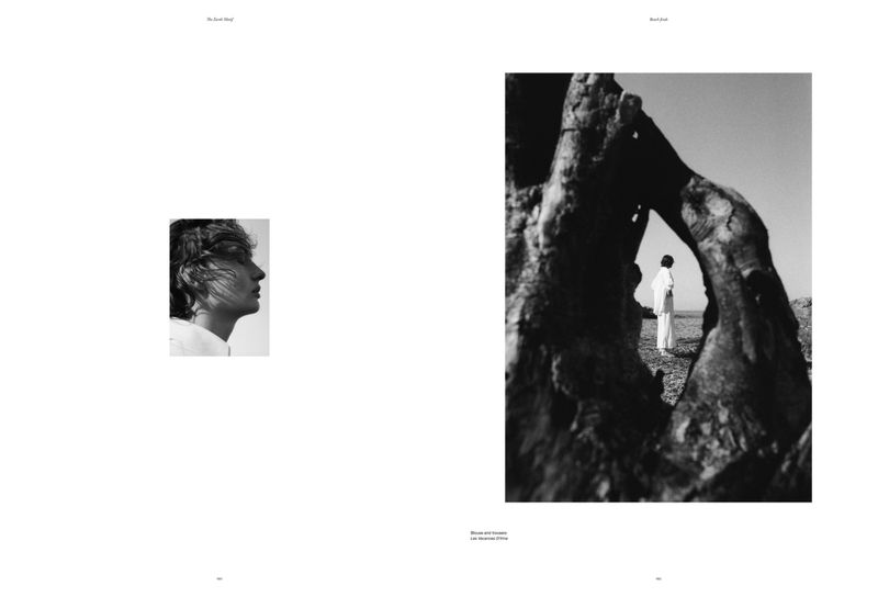 Monochrome artistic composition featuring a person in profile and a person framed by natural rock formation on a bright day.