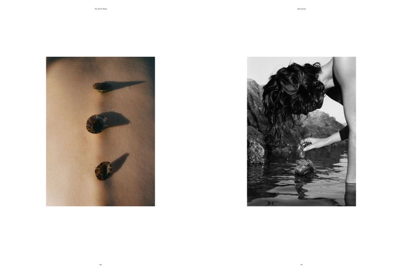 Monochrome collage featuring three shells with shadows, juxtaposed with a woman in water amid coastal rocks, creating a dual aesthetic.