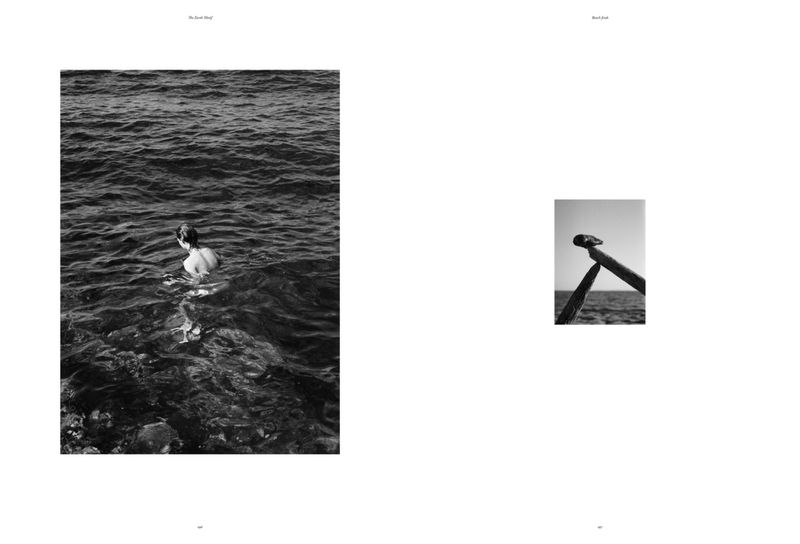 Monochrome photograph features a swimmer immersed in rippling water, plus a separate image of a wooden structure over water.