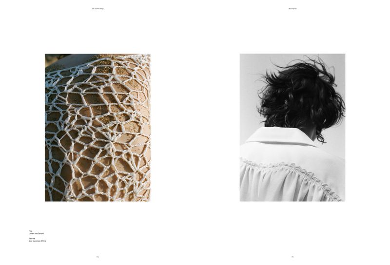 Fashion editorial shot: a close-up of a net-like beige garment, contrasted with a monochrome image of a person's back and flowing hair.
