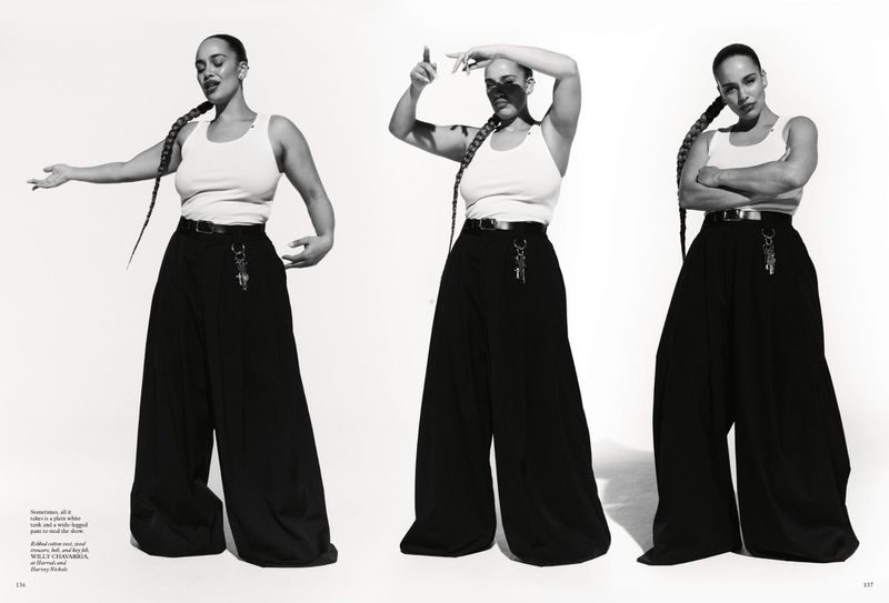 Multiple images of a woman with a long braid posing in a white tank top and wide-legged black pants against a white backdrop.