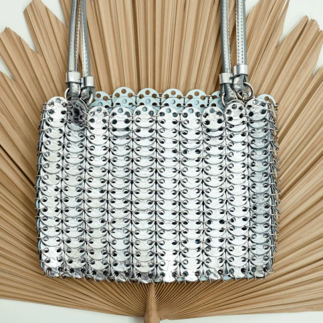Silver metallic bag with chainmail detail and metallic straps, presented against a tan palm frond, showcasing fashion accessory.