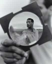 Black and white portrait of a man looking through a round optical frame, shot by Rahel Weiss for Trenery.