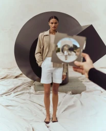 Model wearing a beige trench coat and white shorts standing before a dark sculptural prop with draped fabric foreground