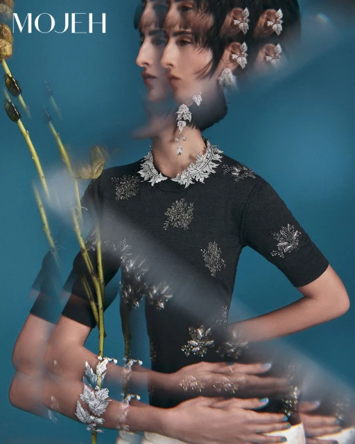 Multiple exposures of a woman wearing a gray sweater with jeweled embellishments, a matching necklace, and earrings on a blue background.