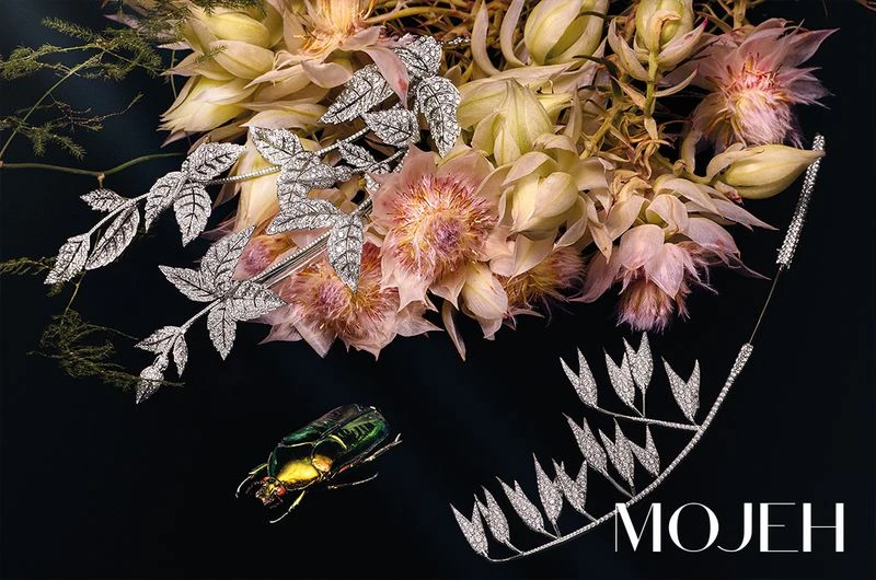 Floral jewelry advertisement featuring a beetle and diamond jewelry arranged amidst pale pink and cream-colored flowers against a dark backdrop.