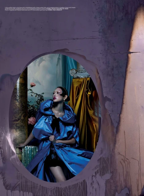 Fashion editorial portrait of a woman in an ornate blue dress with roses, columns, and gold drapes, framed by a distressed archway.