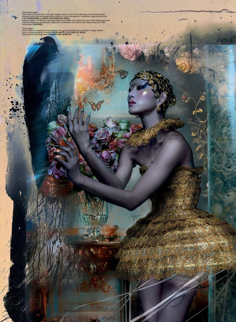 Woman in gold dress with flowers and butterflies against an artful backdrop, showcasing an editorial fashion and beauty aesthetic.