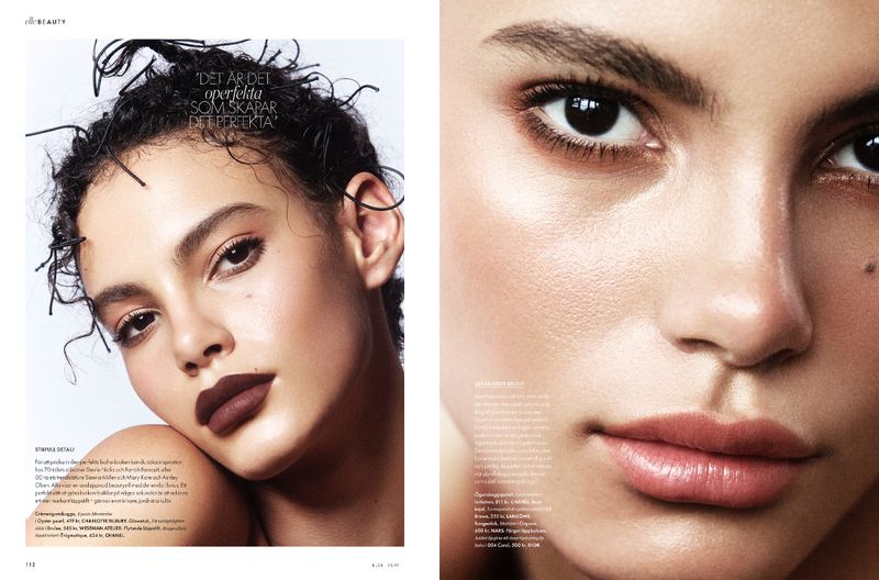 Close-up beauty shots of a dark-haired woman with makeup, posed against a light background. One is a zoomed-in cropped view.