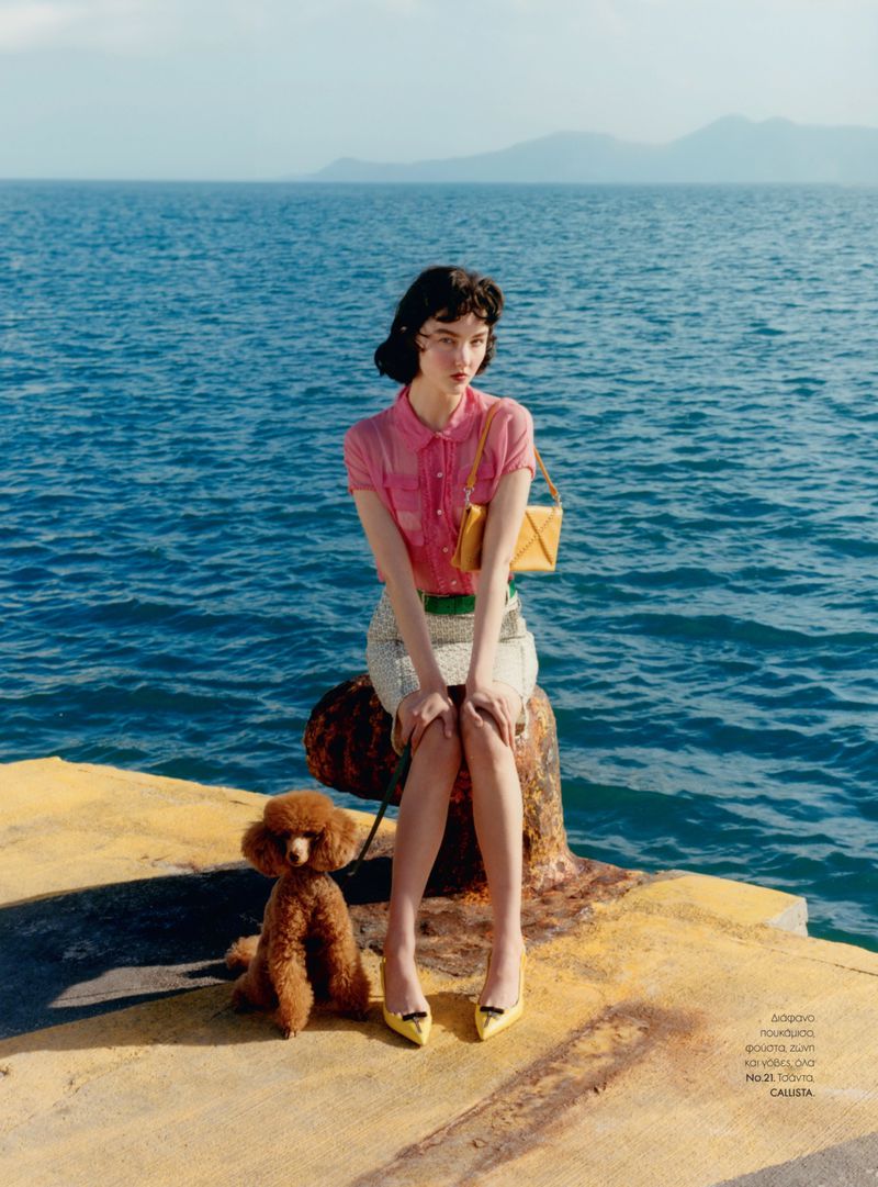 A young woman sits on a pier with a poodle by the sea. She is wearing a pink blouse and skirt and has a yellow handbag.