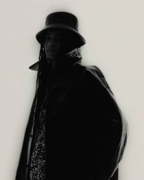 A silhouetted woman in a dark bucket hat and coat against a bright white background for Mirror Mirror Magazine.