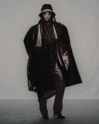 Model in bucket hat and glossy dark coat standing against a neutral studio backdrop for Mirror Mirror Magazine