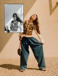 Model in patterned vest and loose denim trousers standing against a textured wall with an inset black and white photo