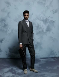 Man in a charcoal double breasted suit holding a dark clutch against a painted blue textured backdrop