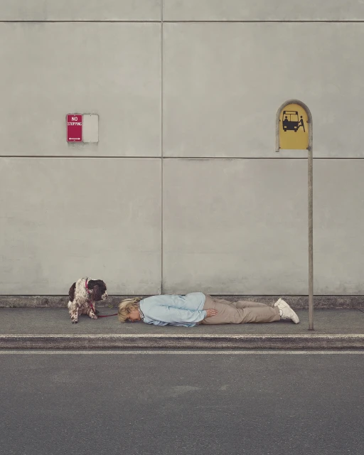 Adult lying down with a Spaniel dog next to a bus stop sign on a city street with a concrete wall in the background.