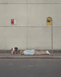 A person lying face down on a sidewalk next to a dog, against a large concrete wall with a bus stop sign.