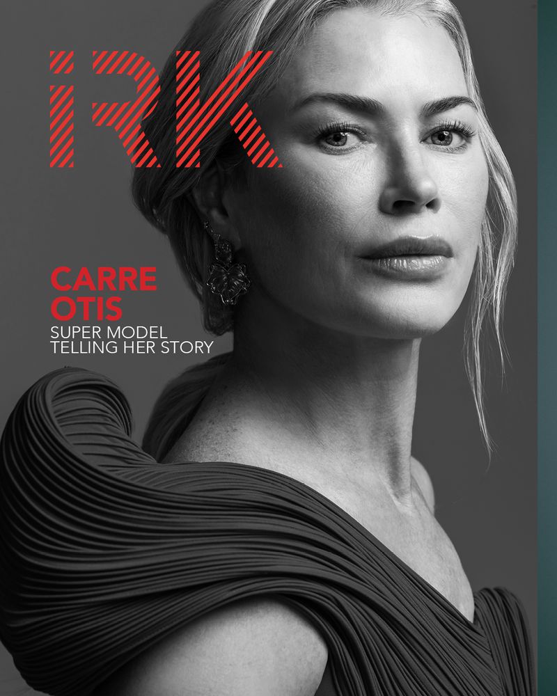 Black and white fashion magazine cover featuring Carra Otis wearing a dark draped dress, with the magazine title 'iRK' displayed.