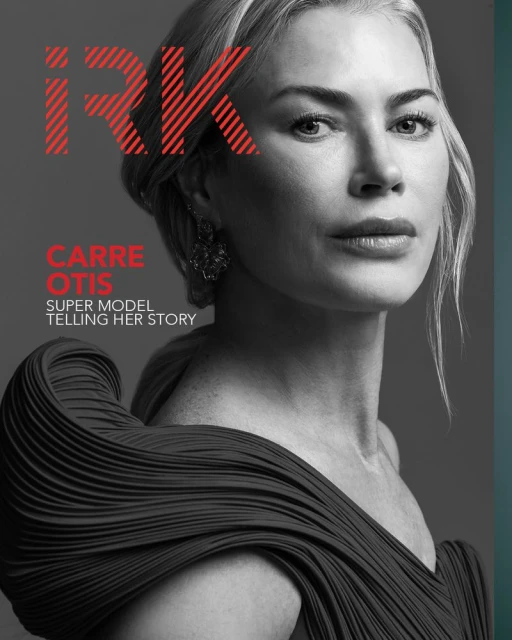 Black and white fashion magazine cover featuring Carra Otis wearing a dark draped dress, with the magazine title 'iRK' displayed.