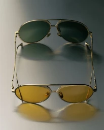 Two pairs of aviator sunglasses with tinted lenses resting on a smooth gradient surface, creating reflections below.