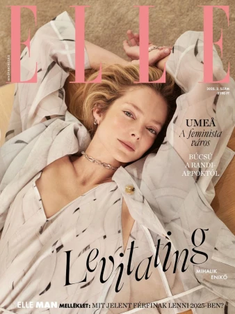 Cover image for Elle Hungary May 2025 featuring model Eniko Mihalik lying down in a patterned patterned top with hands behind her head.