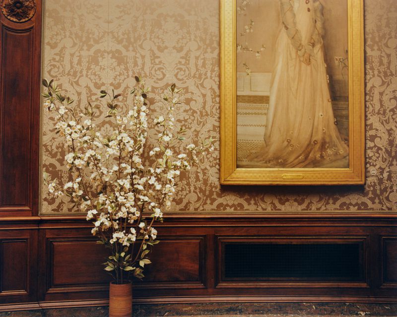 Interior view of a room with damask wallpaper, ornate wood panelling, a framed portrait, and a vase of white flowering branches.