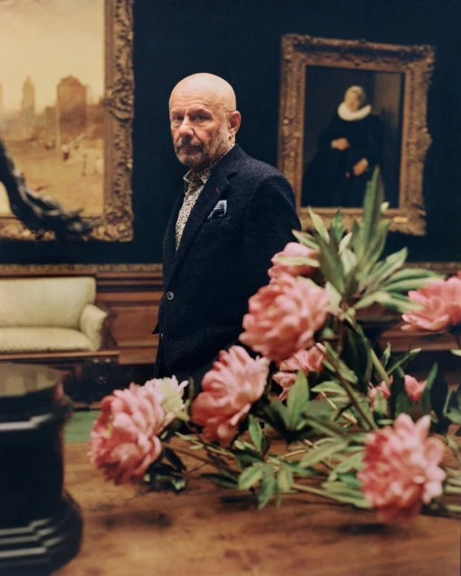 Man in a suit stands in an art gallery near a floral arrangement with paintings in the background, creating a sophisticated and artistic ambiance.