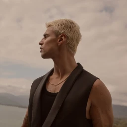 Profile portrait of a young man with bleached blonde hair wearing a black sleeveless vest against an overcast sky and water backdrop.