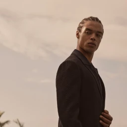 Man with braided hair wearing a dark textured blazer looking over his shoulder against an overcast sky.