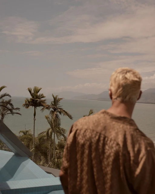 Blonde man gazes at distant mountains and ocean framed by palm trees; captured from behind in a serene, tropical outdoor setting.