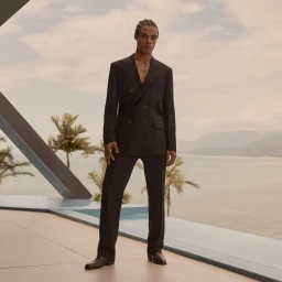 Man wearing a dark double-breasted suit standing on a balcony overlooking the ocean with palm trees under an overcast sky.