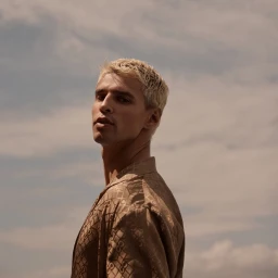 Man with blonde hair wearing a patterned tan shirt looking back against an overcast sky