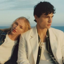 Man in white blazer with woman leaning on his shoulder against a coastal ocean horizon backdrop
