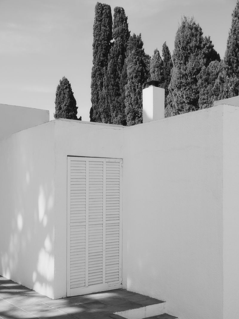 Monochrome architectural shot of a white building with a closed, louvered door and trees against a clear sky, showcasing minimalist design.