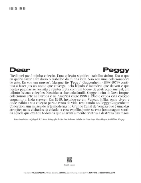An artistic layout featuring the words Dear Peggy and an article about Marguerite 'Peggy' Guggenheim on a white background.