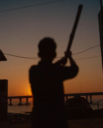 Silhouette of a person holding a baseball bat at sunset, silhouetted against the bridge, birds flying in the background sky.