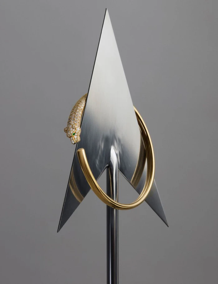Gold bracelet with diamond-encrusted animal head wrapped around a vertical polished metal spear on a grey background