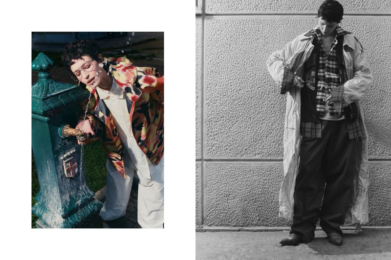 Two images: one of a person at a fountain in a multicolored jacket, the other in black and white of a person in an overcoat.
