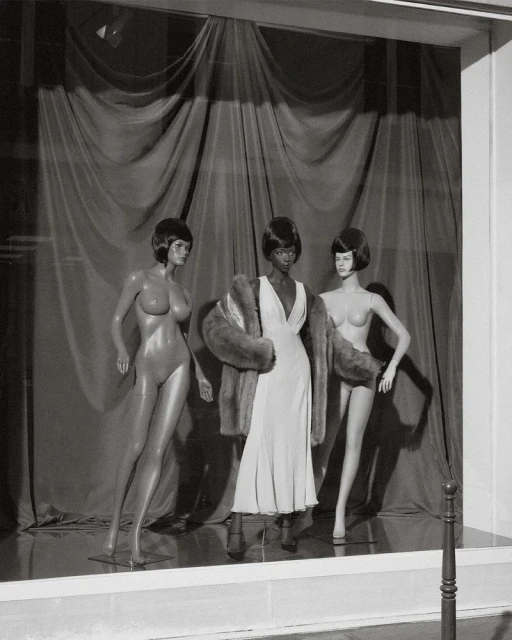 Monochrome shot of three mannequins posed in a store window wearing a dress and fur coat, displayed against a draped backdrop.