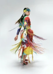 Model in a multi-colored beaded fringed dress and headband looking over her shoulder against a white studio background.