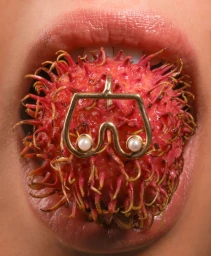 Close-up of a person holding a spiky red rambutan fruit with a gold pearl pendant inside an open mouth.
