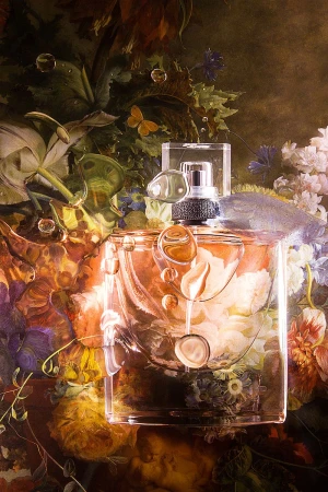 Perfume bottle with water droplets sits against a lush floral backdrop with lilies and butterflies, creating an elegant, artistic image.