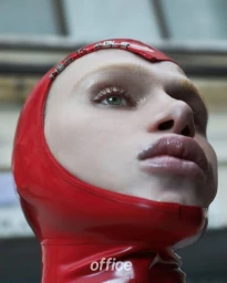 Low angle closeup portrait of a model wearing a shiny red latex hood with silver letter charms for Office Magazine BODYWORK