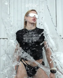 Model wearing silver reflective sunglasses and a black t-shirt behind a dynamic splash of water for Office Magazine BODYWORK.